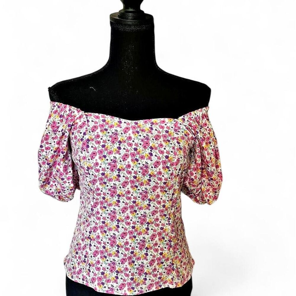 Allegra K Pink & Purple Floral Off-The-Shoulder Puff Sleeve Top - Size XS